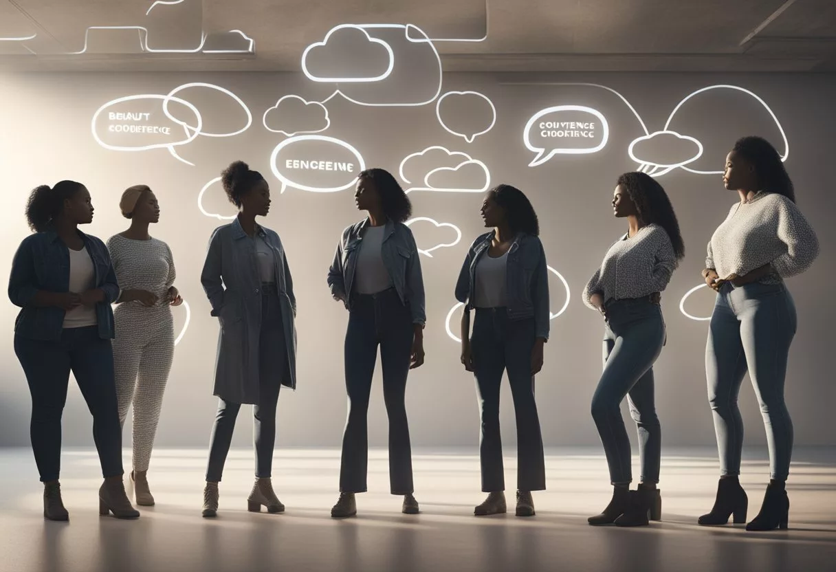 A group of diverse silhouettes representing different women's body shapes, surrounded by thought bubbles with words like "beauty," "confidence," and "society."