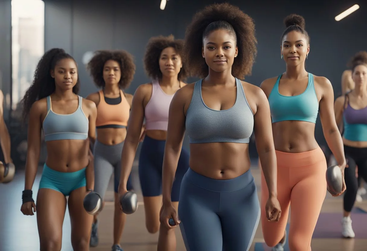A diverse group of women engaging in various physical activities, showcasing different body shapes and sizes, emphasizing the importance of health considerations