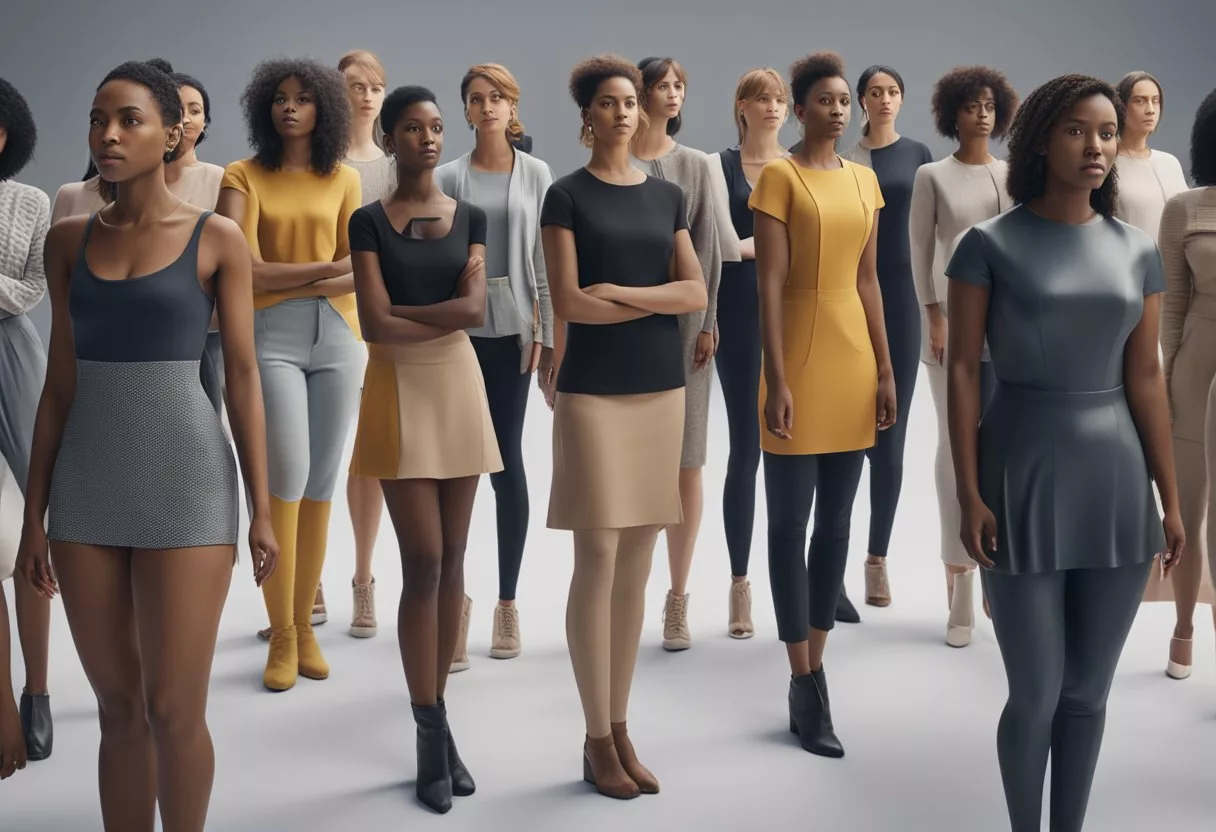 A group of diverse women stand together, each with a unique body shape. They are surrounded by question marks, representing the common inquiries about women's bodies