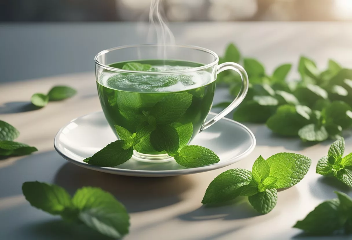 A steaming cup of peppermint tea sits on a saucer, surrounded by a scattering of fresh peppermint leaves