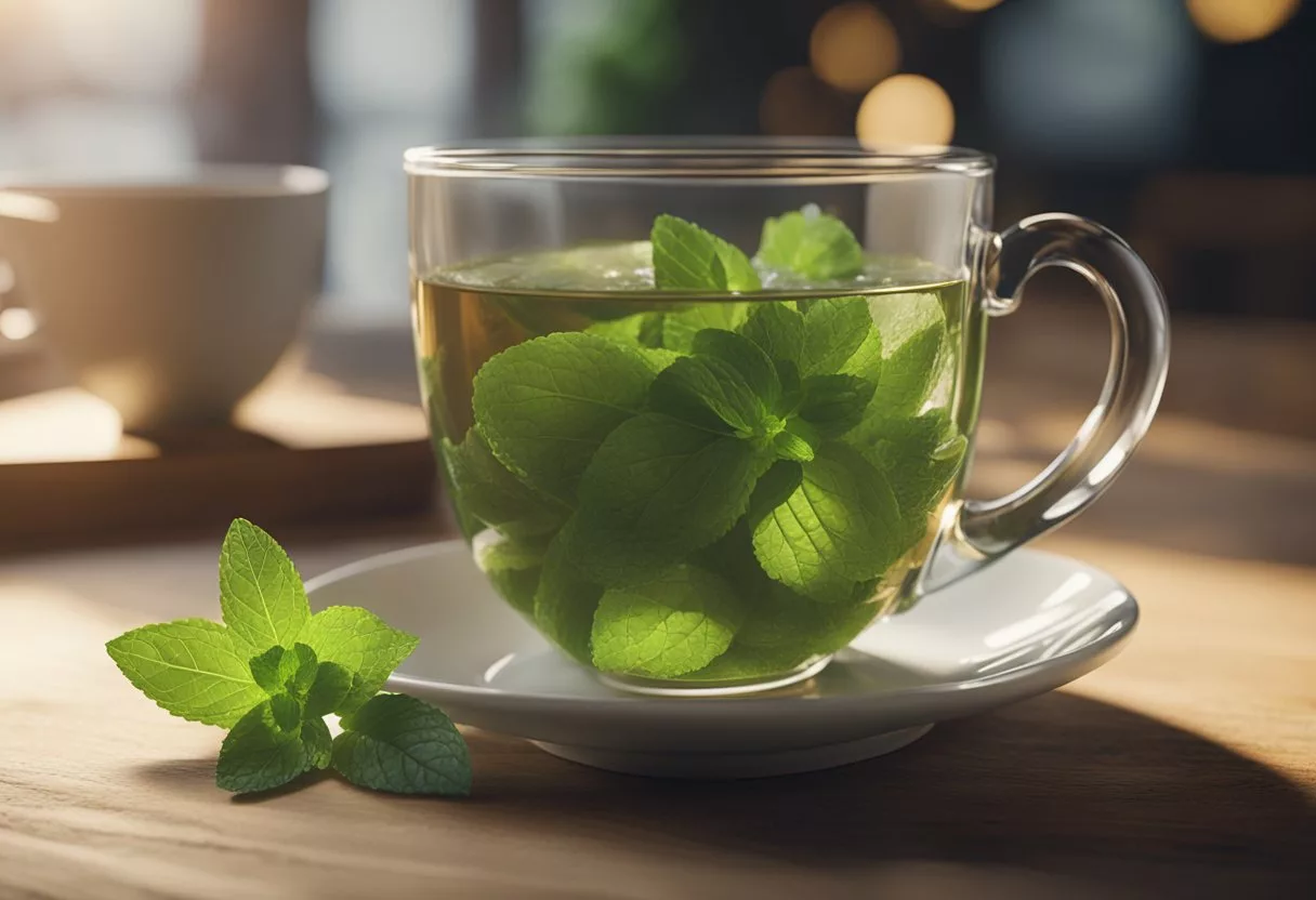 A steaming cup of peppermint tea sits on a wooden table, surrounded by fresh mint leaves and a few used tea bags