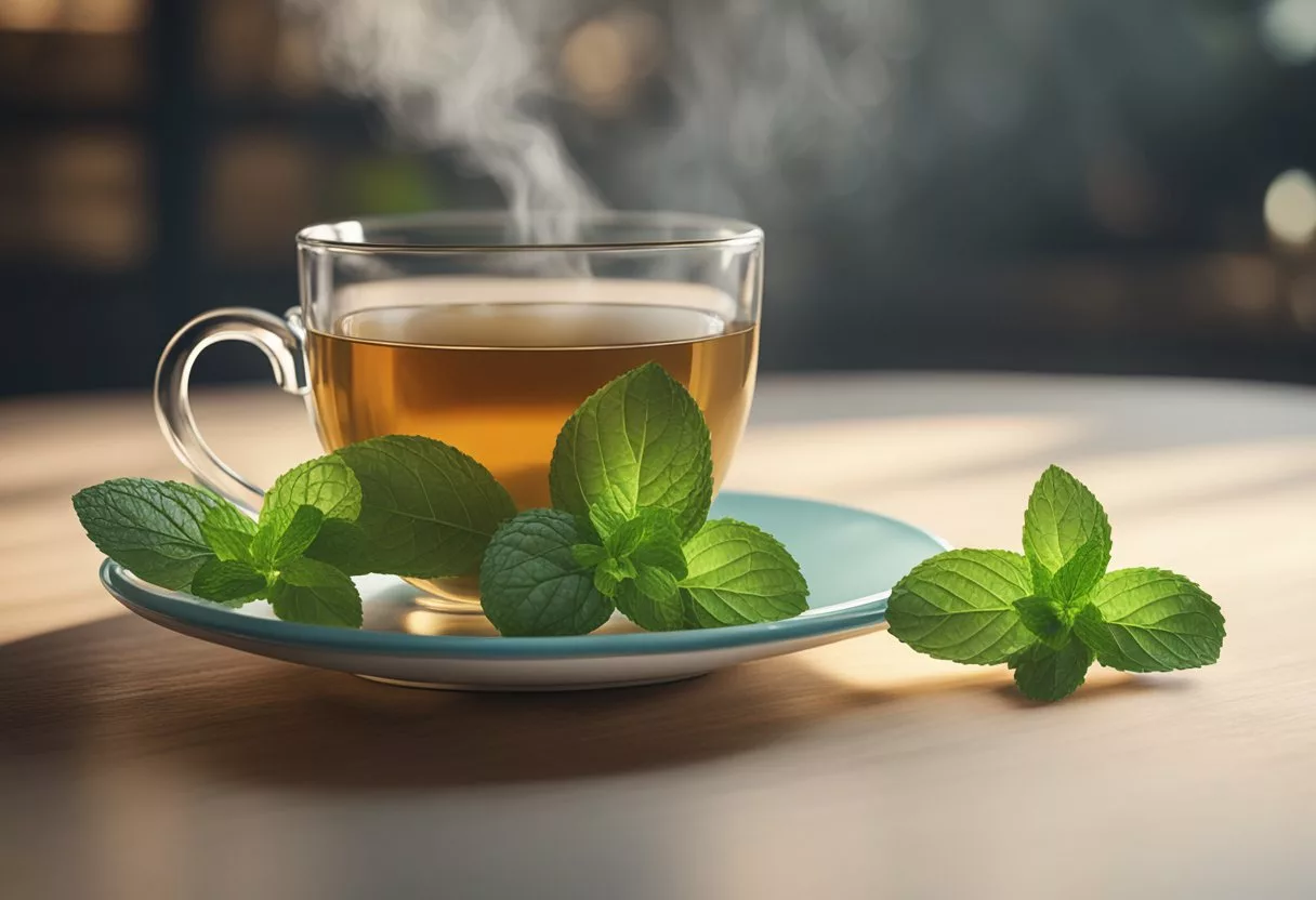 A steaming cup of peppermint tea sits next to a saucer with a teabag wrapper. A sprig of fresh mint decorates the cup