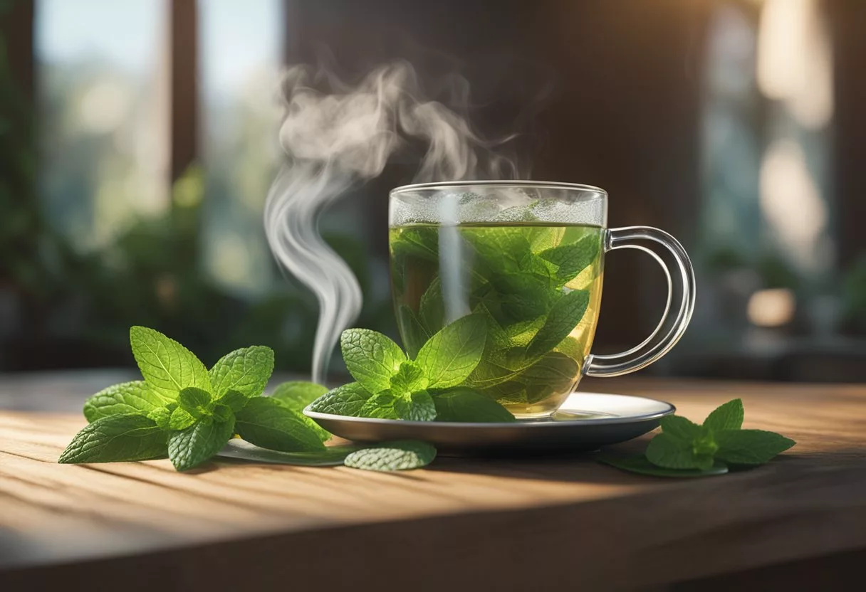A steaming cup of peppermint tea sits on a wooden table, surrounded by fresh peppermint leaves. The steam rises in gentle wisps, carrying the invigorating aroma of the tea