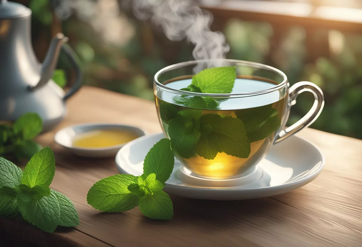 A steaming cup of peppermint tea sits on a wooden table, surrounded by fresh mint leaves and a soothing atmosphere