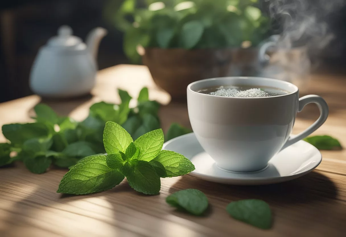 A steaming cup of peppermint tea sits on a wooden table, surrounded by fresh peppermint leaves and a few scattered tea bags