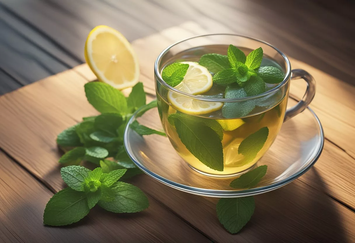 A steaming cup of peppermint tea sits on a wooden table, surrounded by fresh mint leaves and a slice of lemon. The tea is clear and aromatic, with a refreshing and invigorating appearance