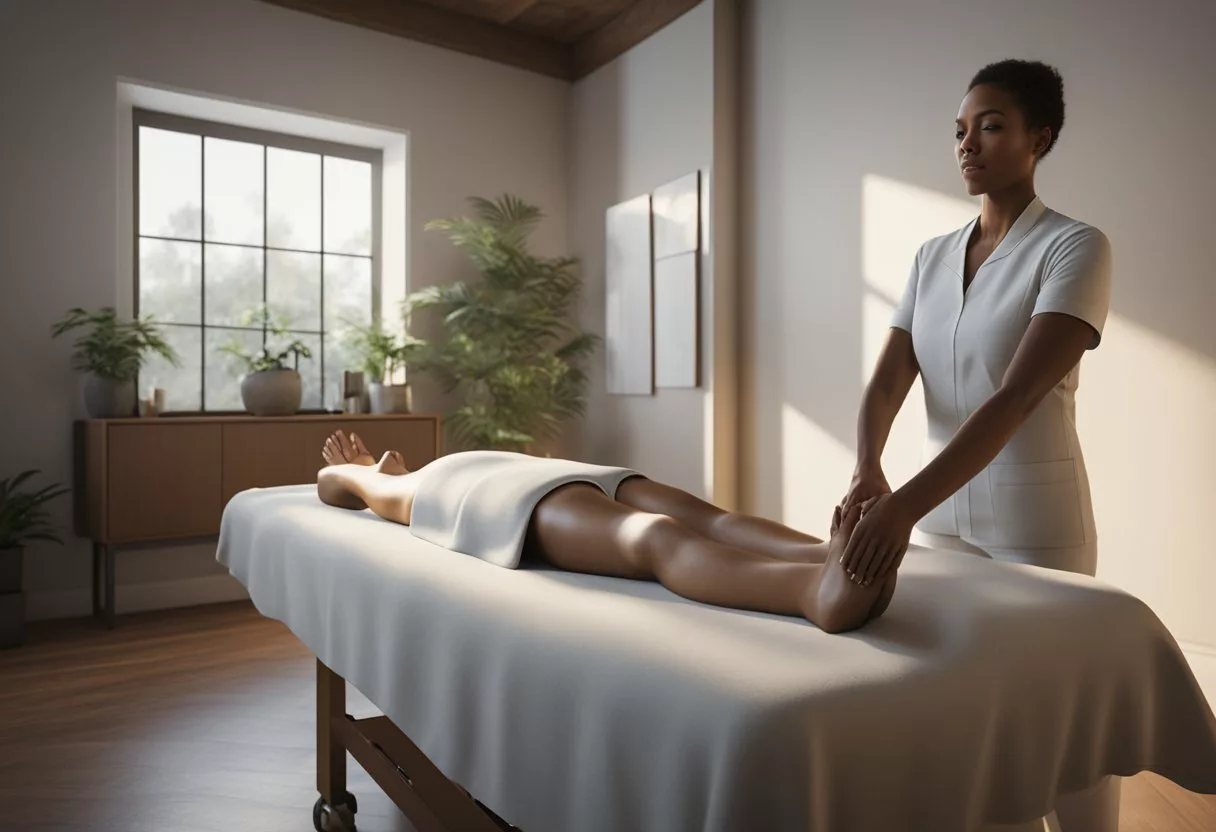 A person receiving a massage for specific conditions, with a massage therapist targeting specific areas of the body to provide relief and relaxation