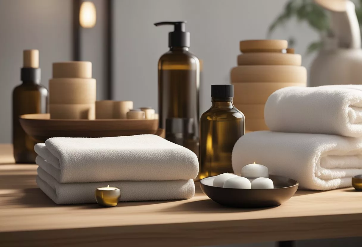 Various massage tools and equipment arranged on a clean, minimalist table. A variety of oils, lotions, and towels are neatly displayed nearby