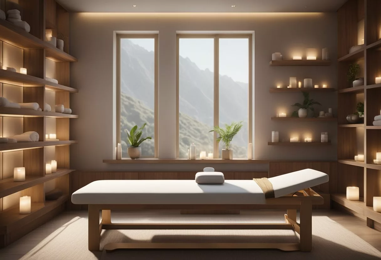 A serene massage room with dim lighting, a massage table, and soothing background music. Various massage oils and lotions are neatly organized on a nearby shelf