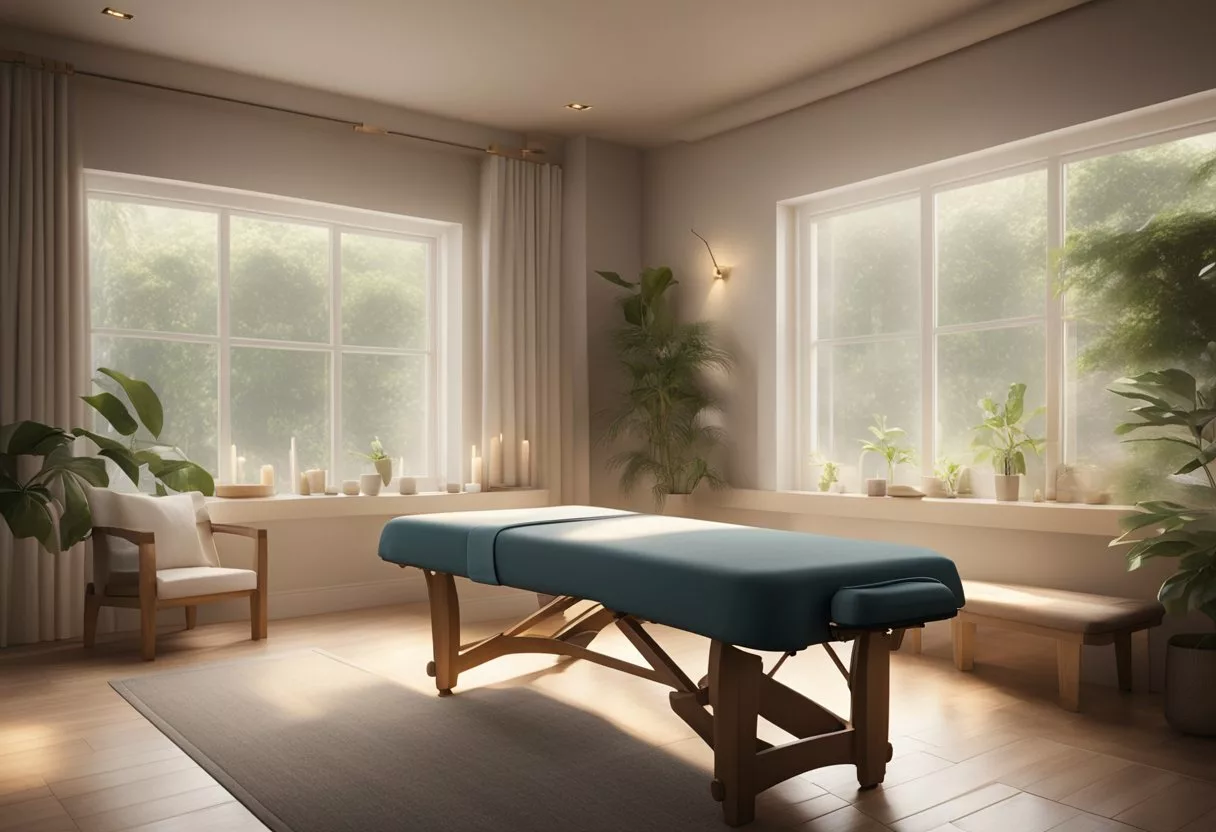 A serene massage room with soft lighting, a cozy massage table, and soothing background music