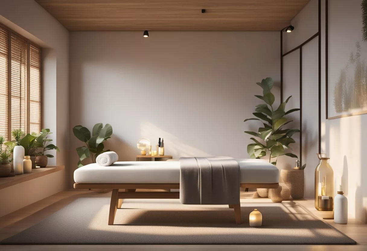 A serene room with a massage table, soft lighting, and calming music. Various massage tools and oils are neatly arranged on a nearby shelf