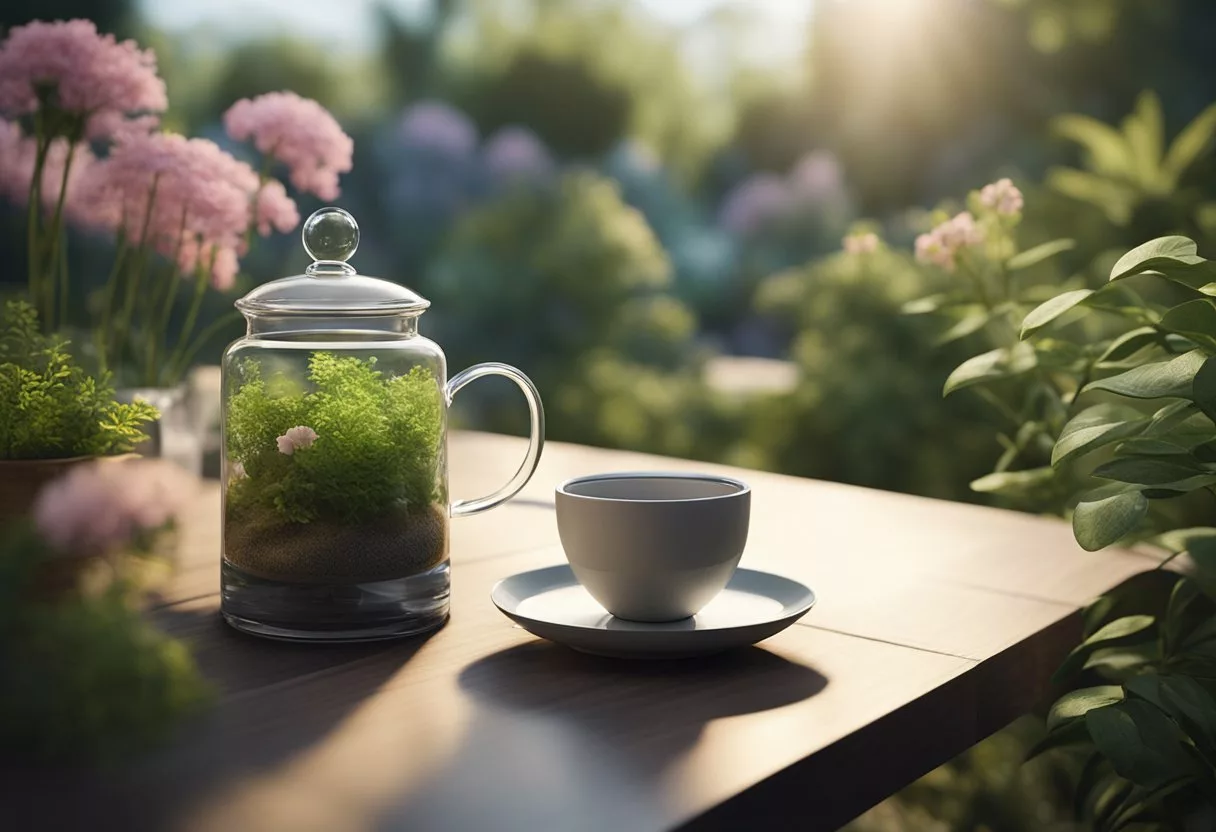 A serene, peaceful setting with a cup of tea and a bottle of theanine supplement, surrounded by natural elements like plants and flowers