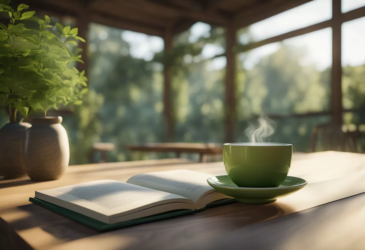 A serene natural setting with a cup of green tea, a book, and a peaceful atmosphere to convey the calming effects of L-Theanine