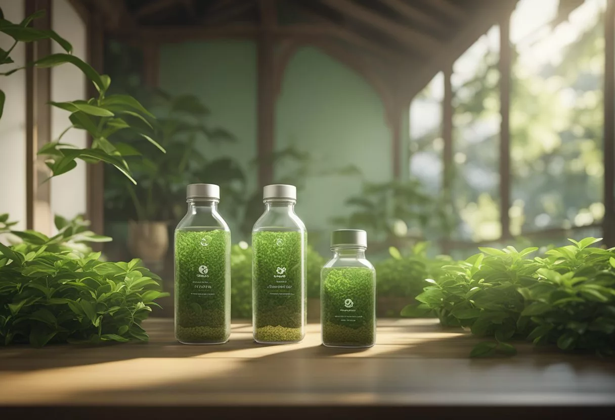 A serene tea garden with l-theanine supplement bottles and calming green tea leaves