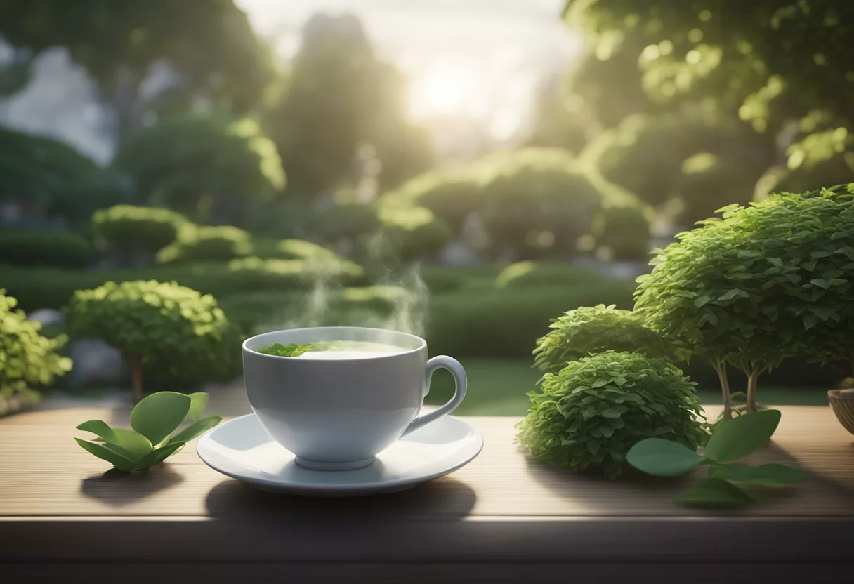 A serene garden with a teacup, green tea leaves, and a tranquil setting, evoking a sense of calm and relaxation