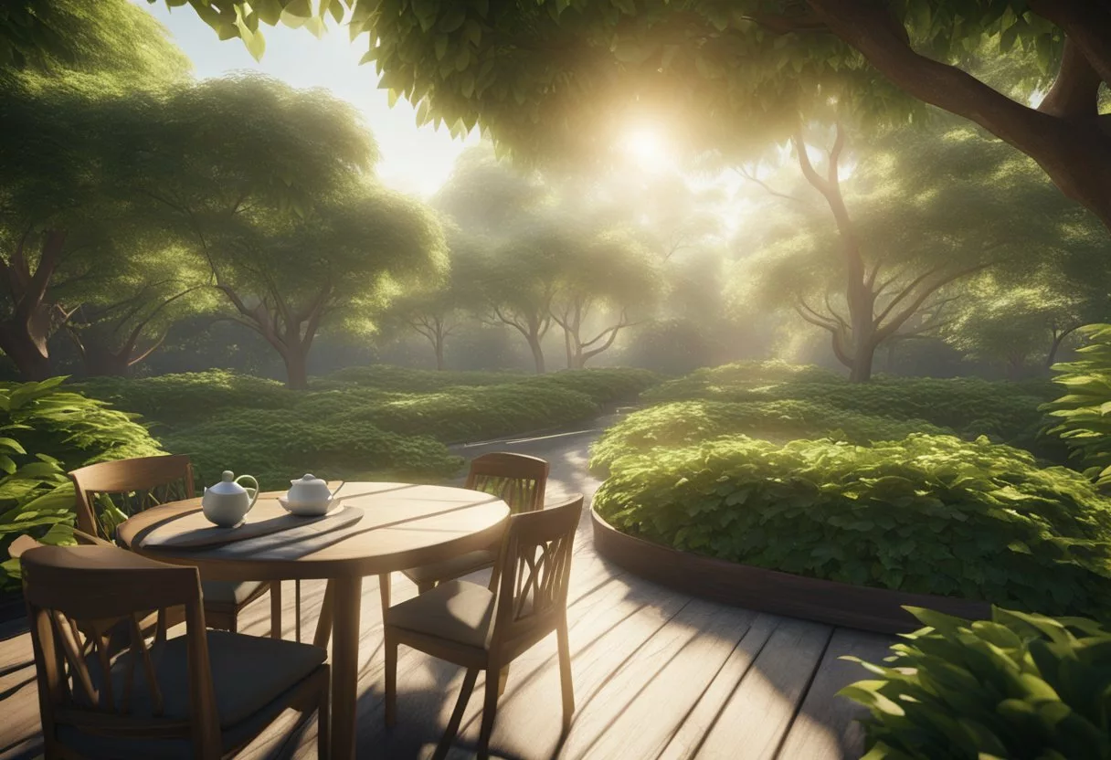 A serene tea garden with sunlight filtering through the leaves, showcasing a peaceful atmosphere for relaxation and focus