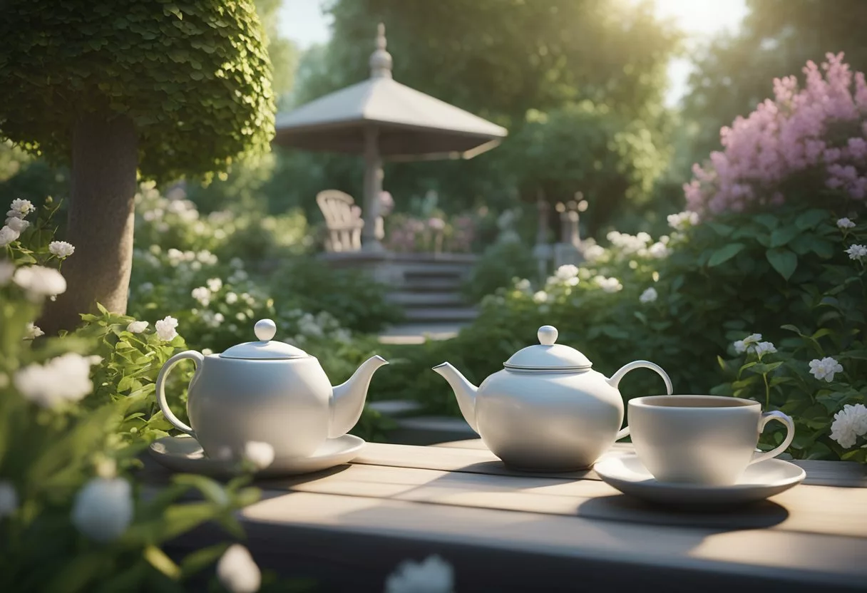 A serene garden with a teapot and a cup of tea, surrounded by lush greenery and blooming flowers. A sense of calm and relaxation permeates the scene