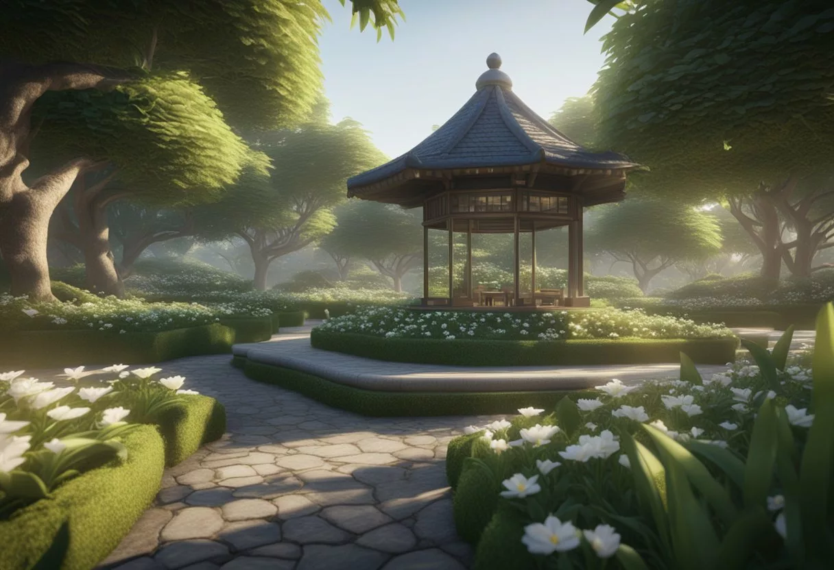 A serene tea garden with a sign reading "Frequently Asked Questions about L-Theanine" and a peaceful atmosphere