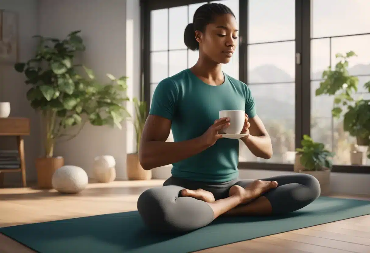 A person drinking peppermint tea and doing yoga to relieve stomach gas