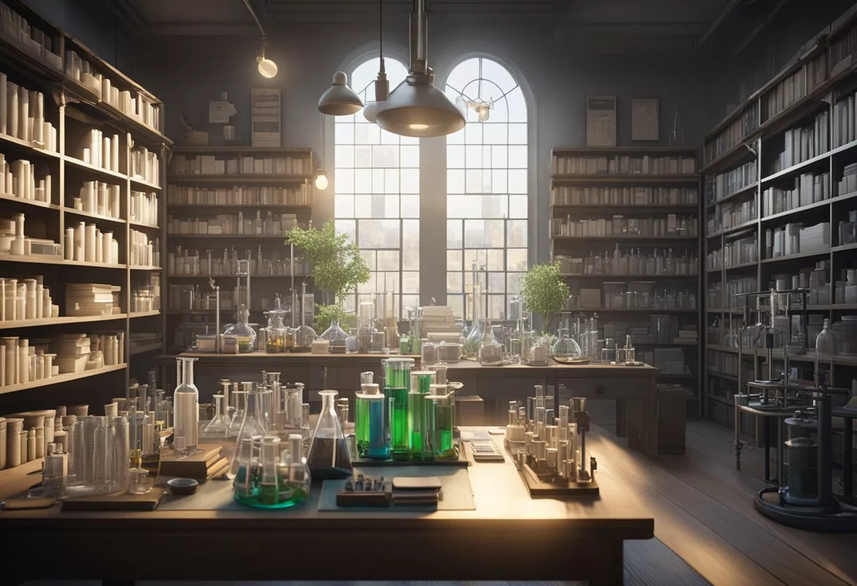 A serene laboratory setting with beakers, test tubes, and scientific equipment, surrounded by books and research papers on theanine