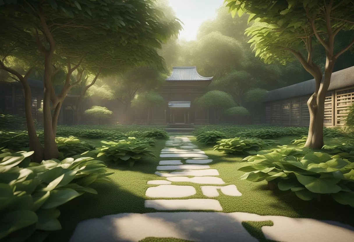 A serene tea garden with lush greenery and a calm, meditative atmosphere. Sunlight filters through the leaves, casting dappled shadows on the ground