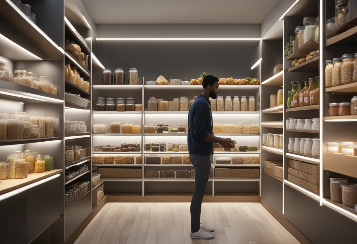A person selecting gluten-free foods from a well-organized pantry