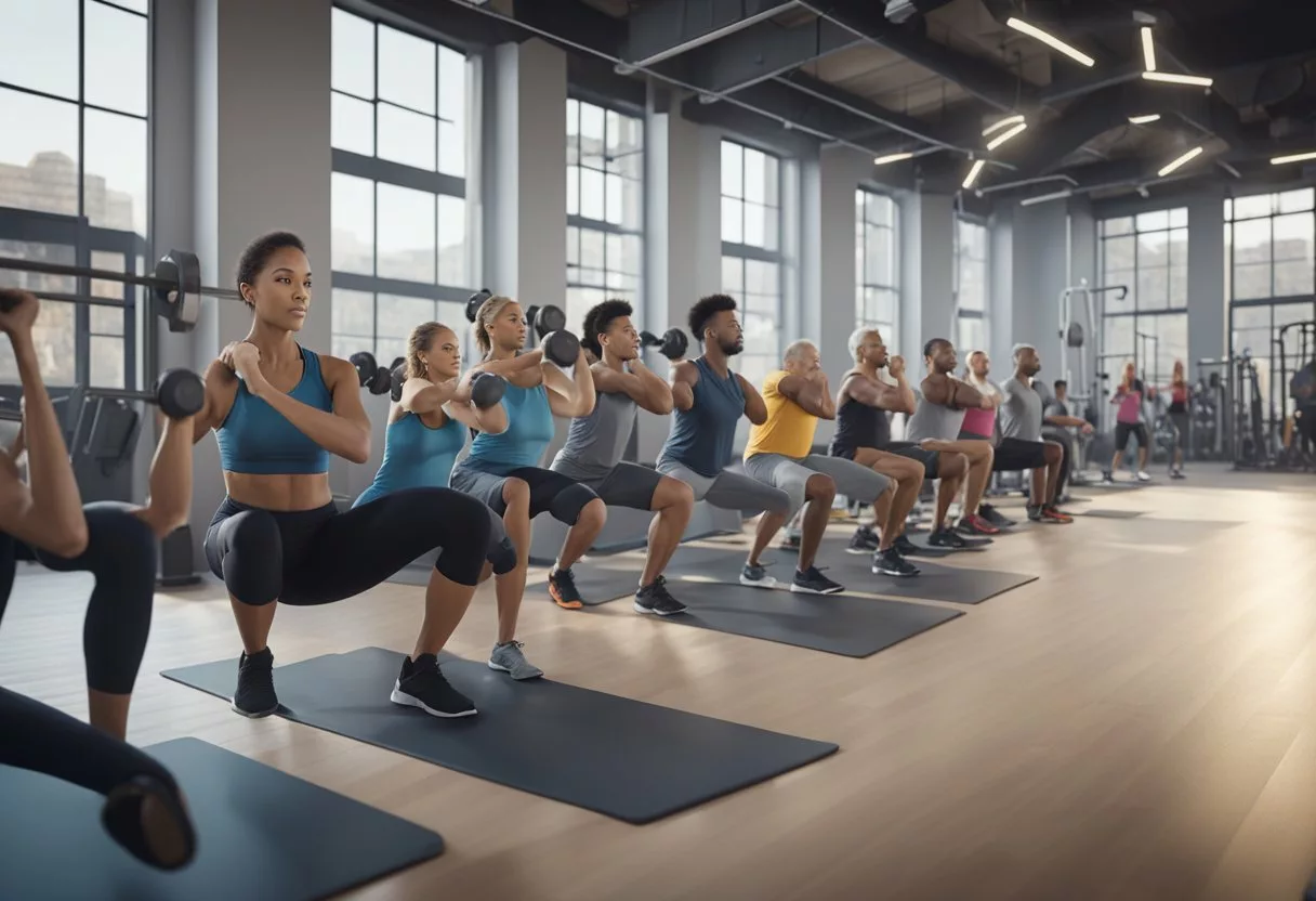 A diverse group of people of different ages perform leg exercises in a gym setting, using various equipment and bodyweight movements