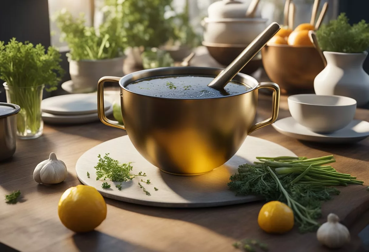 Steam rises from a simmering pot of bone broth, fragrant herbs and vegetables float in the rich, golden liquid. A ladle rests beside the pot, ready to serve