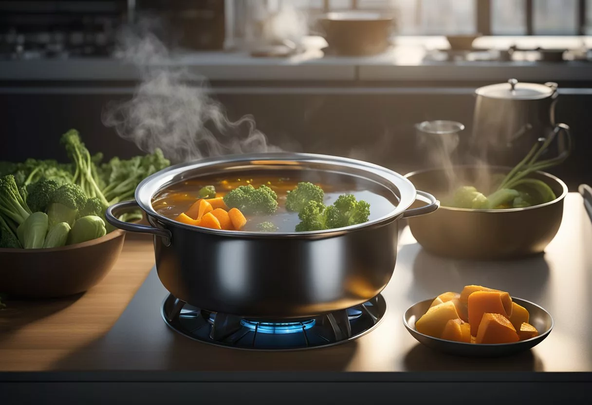 A pot simmers on a stovetop, steam rising as bones, vegetables, and water combine to create rich bone broth