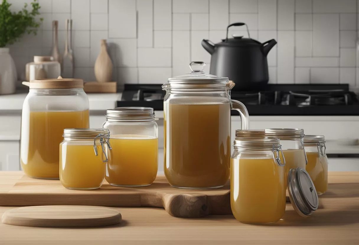 A pot of bone broth simmering on a stovetop, surrounded by jars and containers for storage