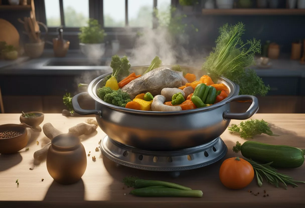 A pot of simmering bones and vegetables, steam rising, surrounded by herbs and spices