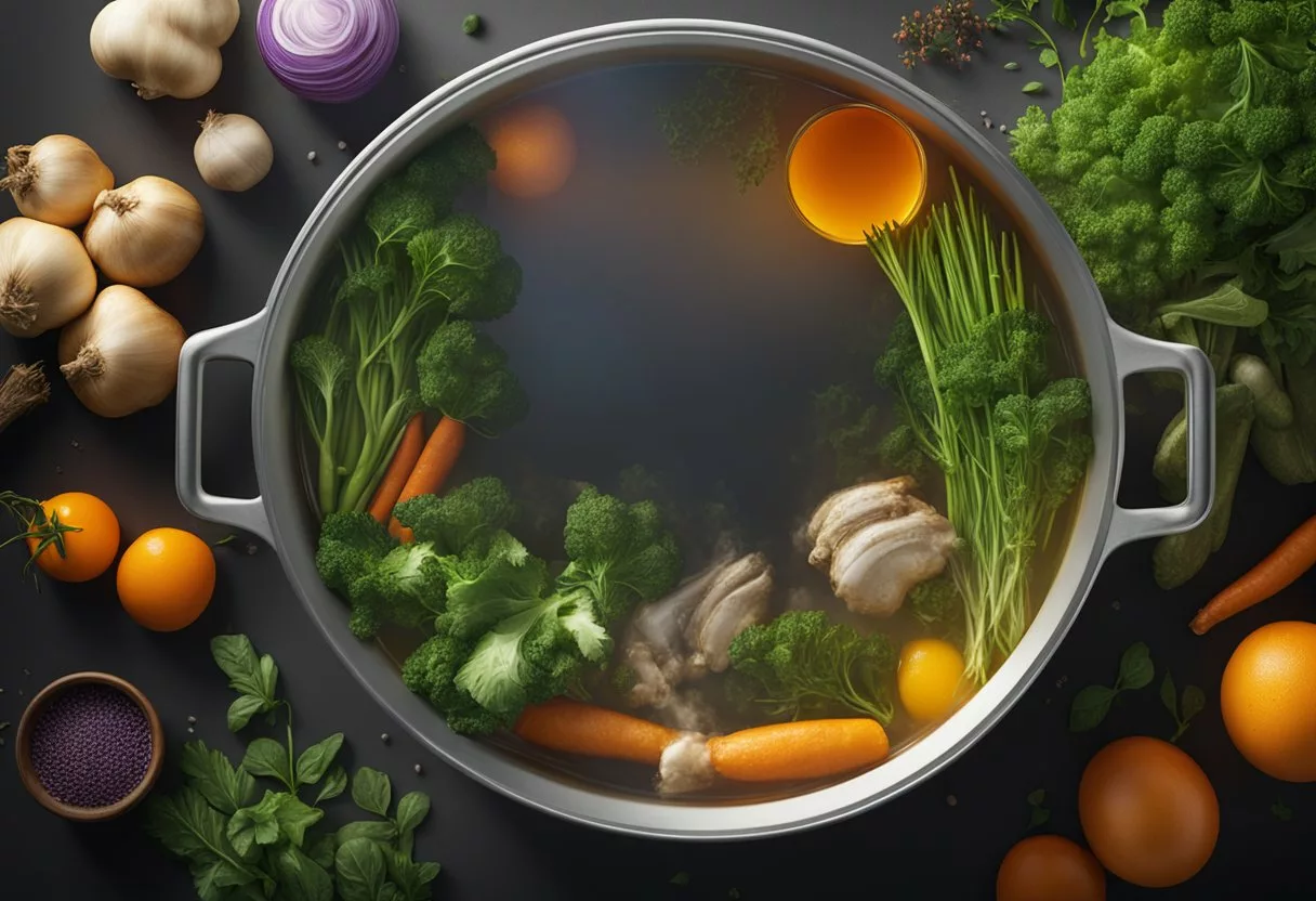 A pot of simmering bone broth surrounded by fresh vegetables and herbs, steam rising from the surface