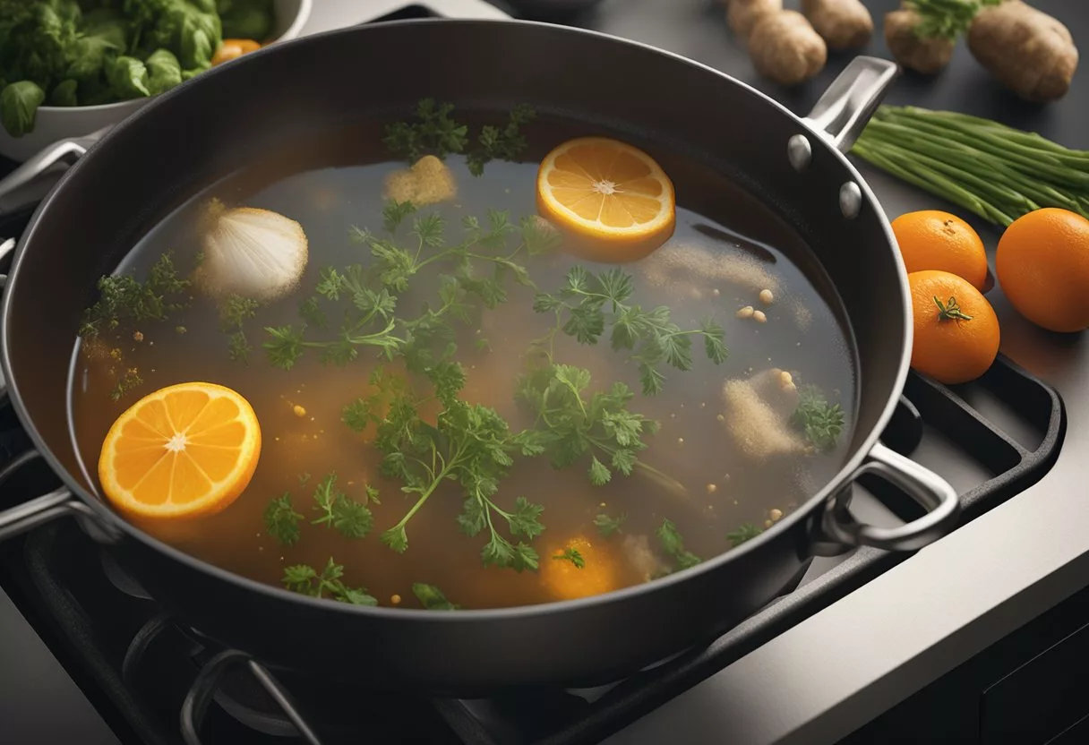 A pot of simmering bone broth on a stovetop, steam rising, with vegetables and herbs scattered nearby