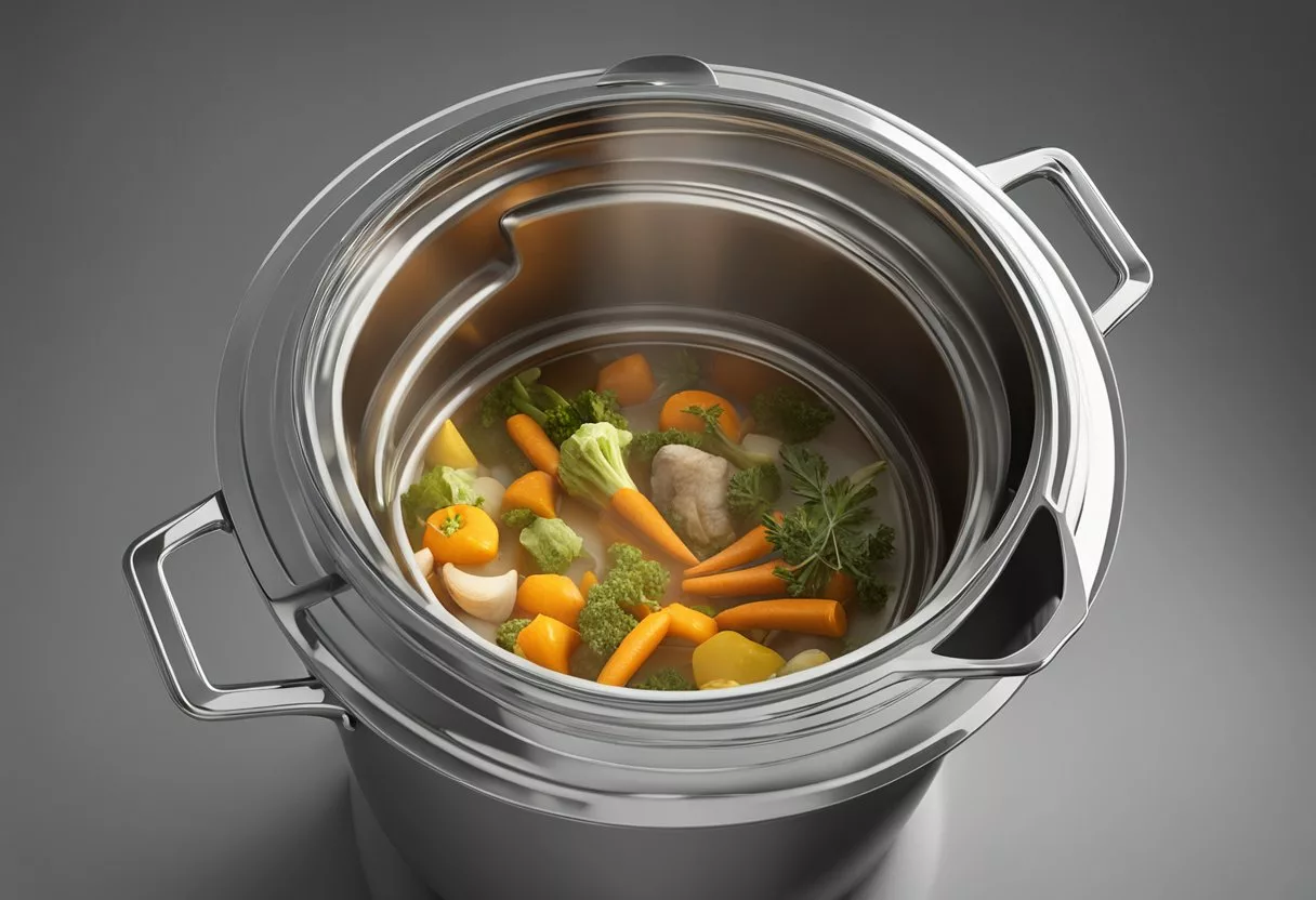 A pot simmering with bones, vegetables, and herbs for making bone broth