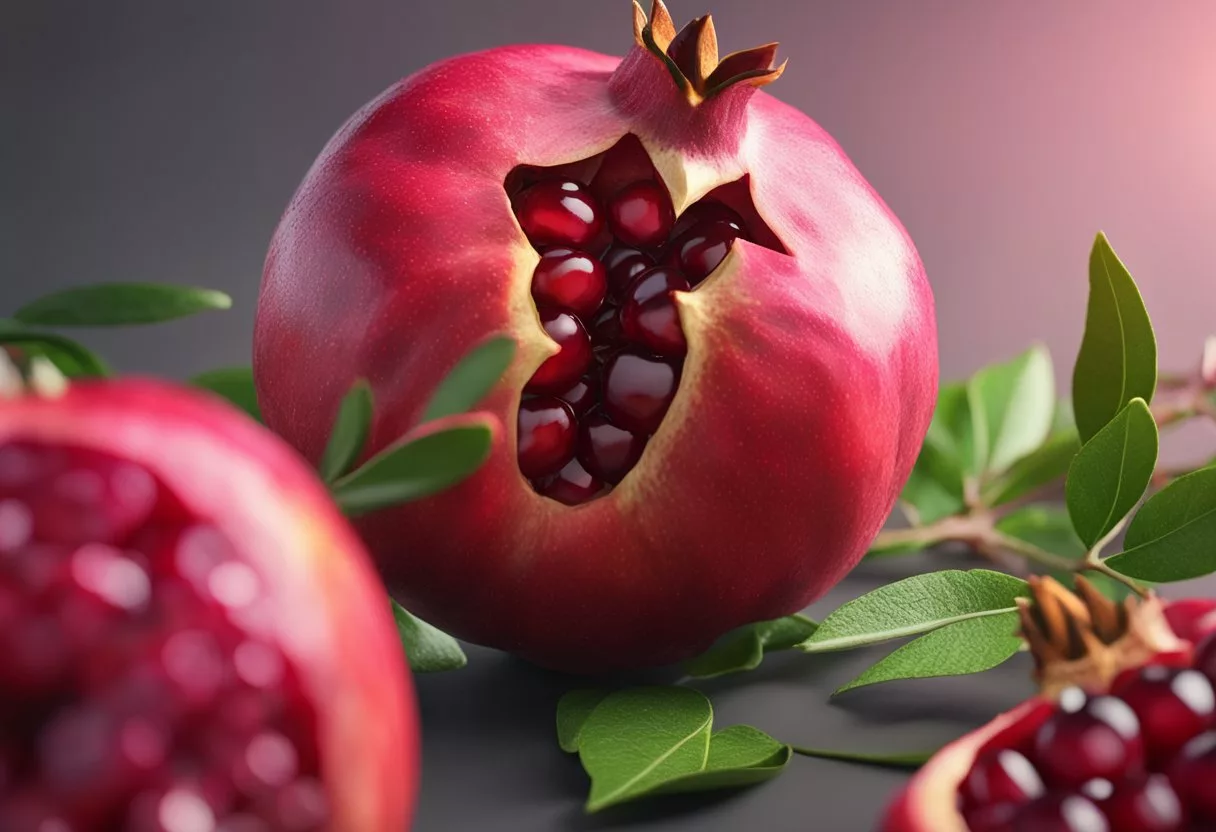 A ripe pomegranate split open, revealing glistening ruby-red seeds and juicy, pink flesh. The skin is smooth and vibrant, with a crown of green leaves