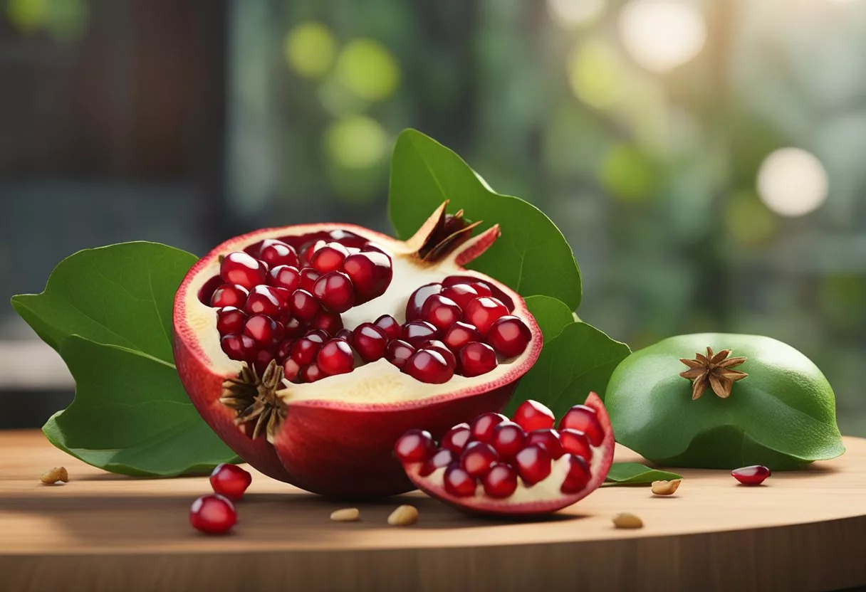 A ripe pomegranate, split open to reveal its juicy red seeds, surrounded by vibrant green leaves and a few scattered seeds on a wooden cutting board