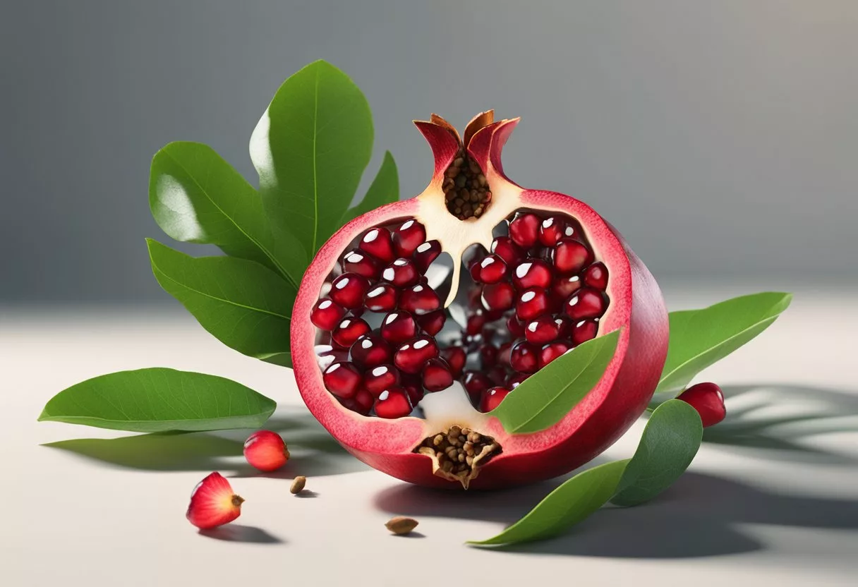 A vibrant pomegranate, split open to reveal juicy seeds, surrounded by lush green leaves and a scattering of fallen seeds