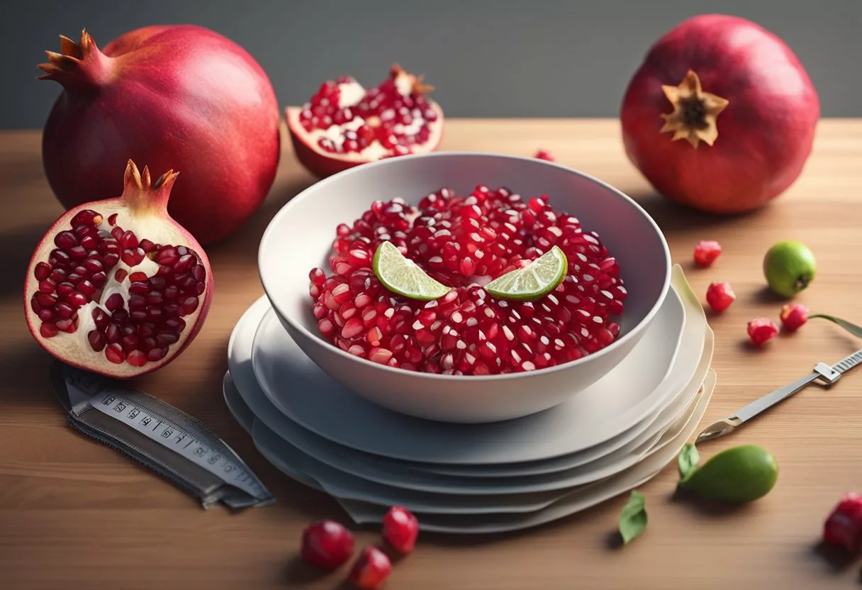 A vibrant pomegranate surrounded by measuring tape, a scale, and a plate of healthy food