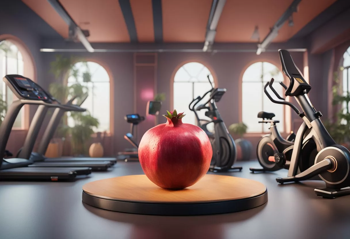 A vibrant pomegranate surrounded by exercise equipment and a stage with performers showcasing their talents