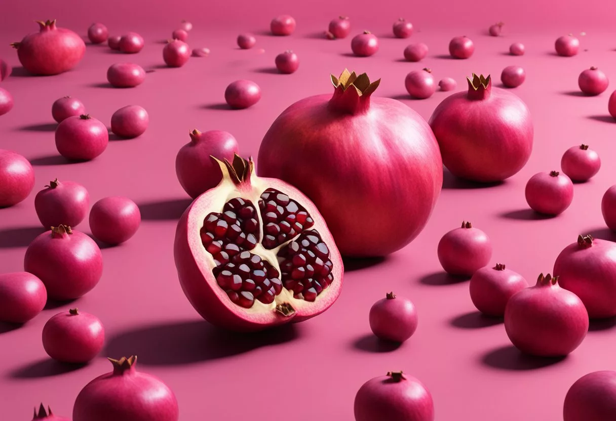 A vibrant pomegranate surrounded by text bubbles with common questions about its benefits