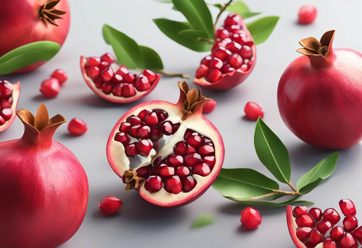 A vibrant pomegranate split open, revealing juicy red seeds bursting with antioxidants and nutrients. A halo of leaves frames the fruit, evoking vitality and health benefits