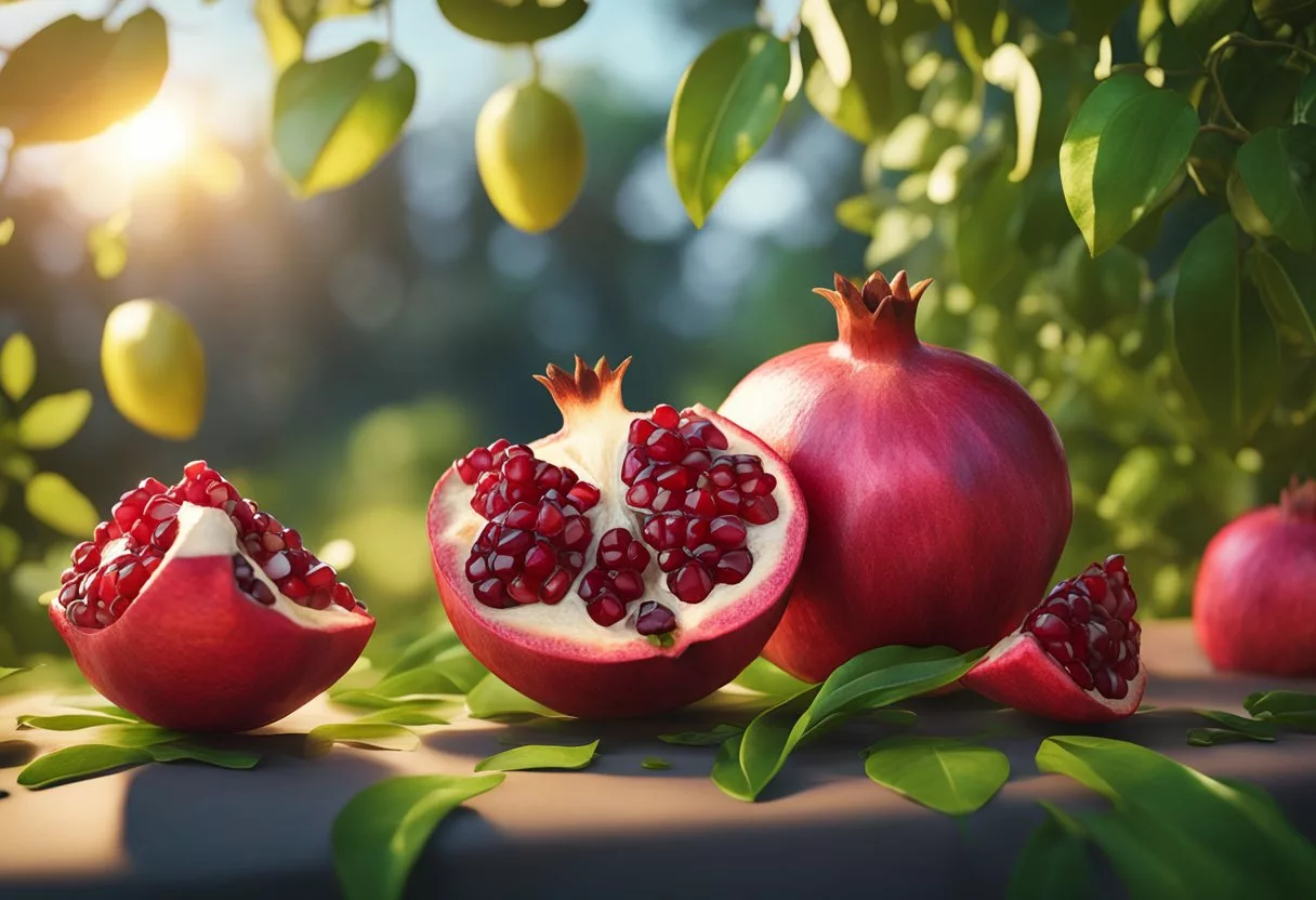A vibrant pomegranate fruit surrounded by scattered seeds and a burst of juice, with a backdrop of lush green leaves and a hint of sunlight streaming through