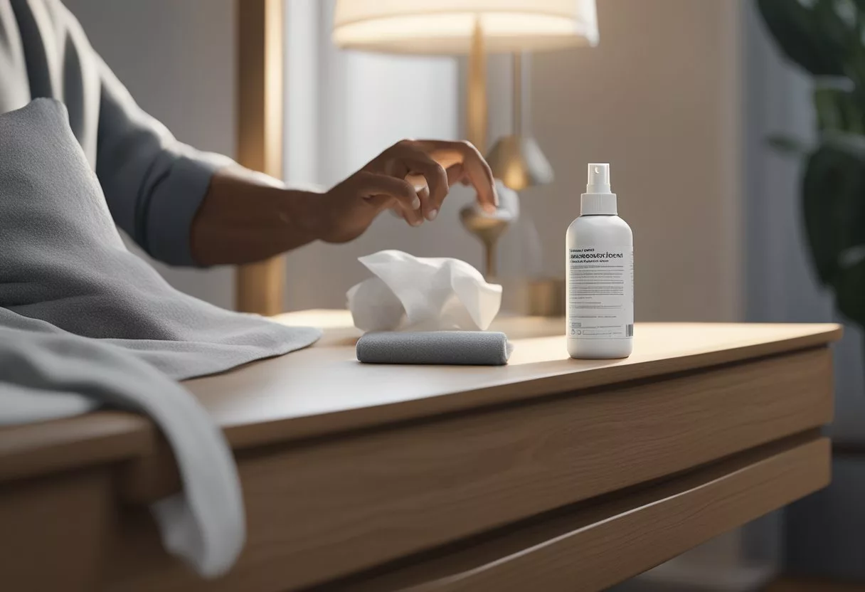 A person holding a tissue and reaching for a bottle of decongestant spray on a bedside table