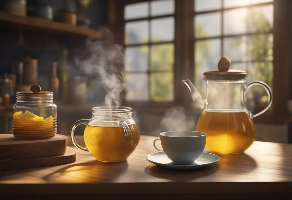 A steaming cup of herbal tea sits on a cozy table, surrounded by jars of honey and lemon. A humidifier emits soothing mist in the background