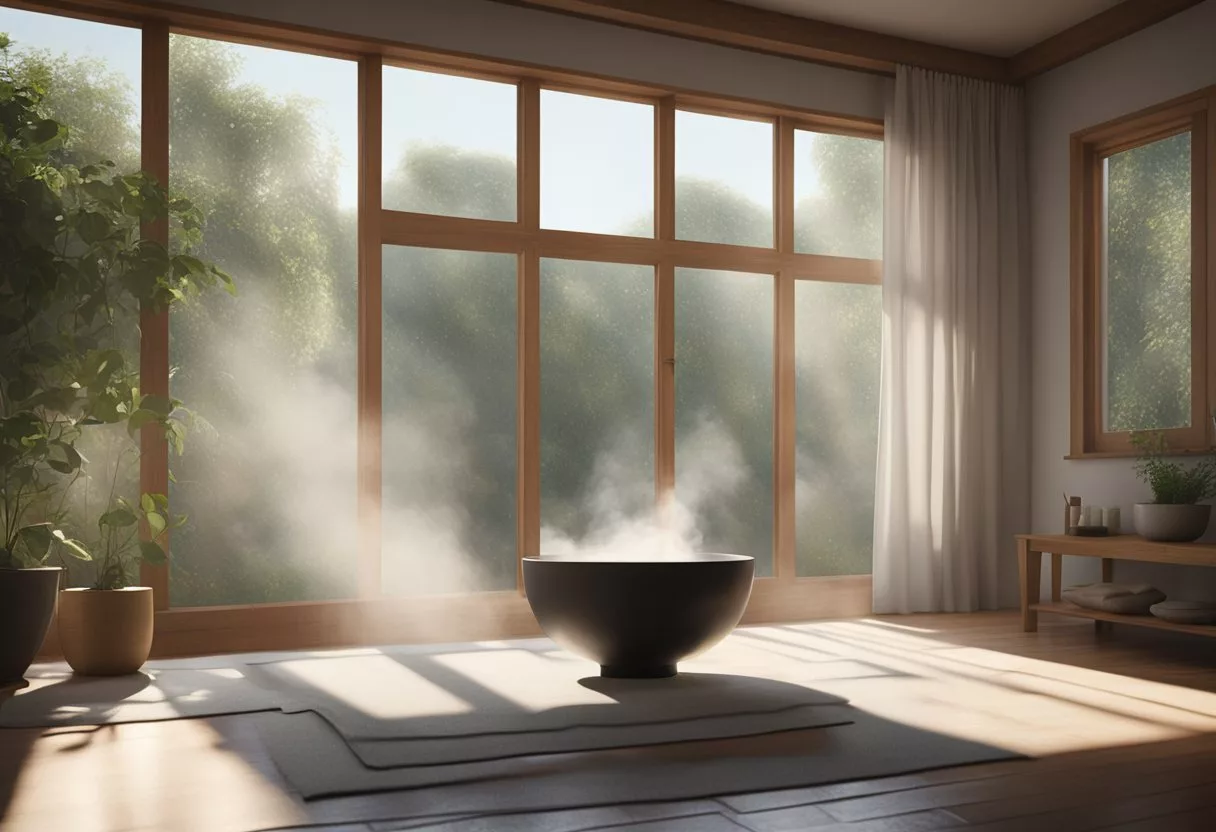 A room with open windows and a fan dispersing steam from a hot shower, with a bowl of hot water and eucalyptus oil on a table