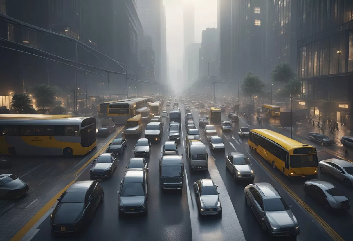 A crowded city street with cars and buses stuck in traffic, surrounded by tall buildings and heavy smog