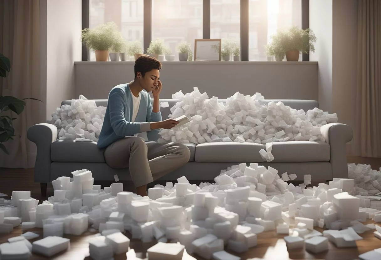 A person surrounded by tissues and cold remedies, searching online for ways to relieve congestion