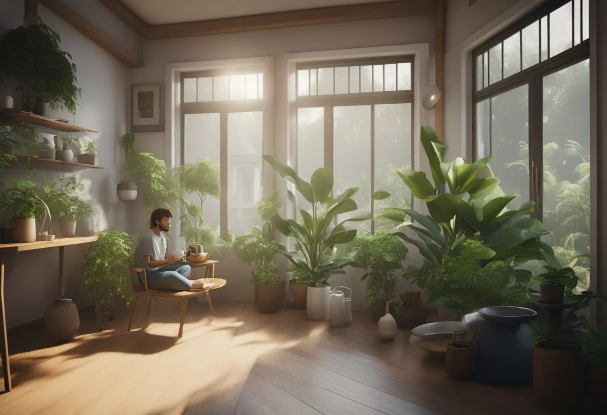 A room with open windows, a humidifier, and plants. A person using a neti pot and drinking warm tea