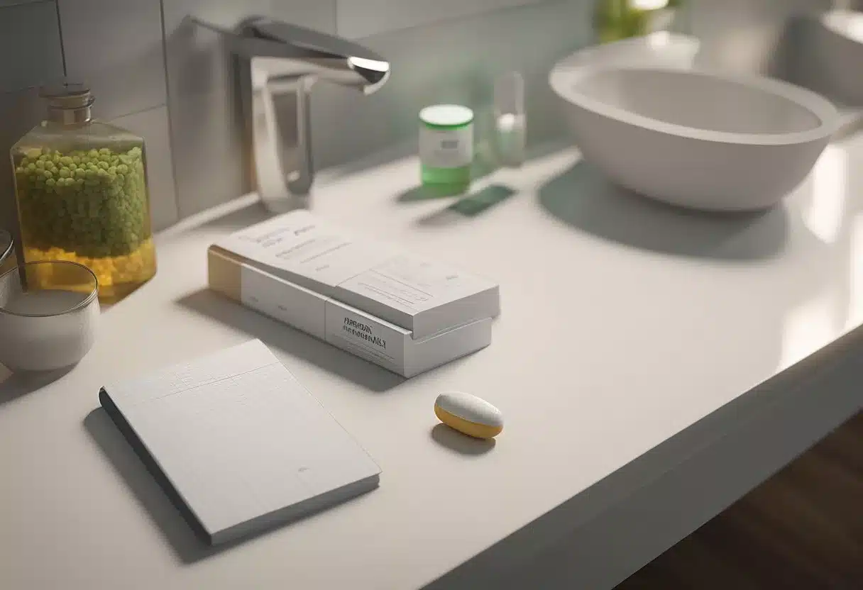 A positive pregnancy test lying on a bathroom counter, surrounded by a box of prenatal vitamins and a pregnancy journal