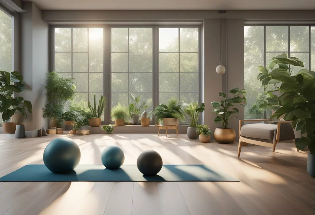 A living room with yoga mat, resistance bands, and dumbbells. A large window lets in natural light, and a potted plant adds a touch of greenery